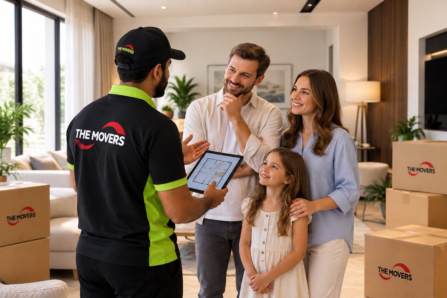 A THE MOVERS relocation specialist planning a move with a family